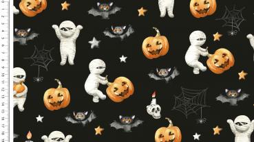 Baumwoll Jersey Halloween Mumien, Fledermäuse und Kürbisse